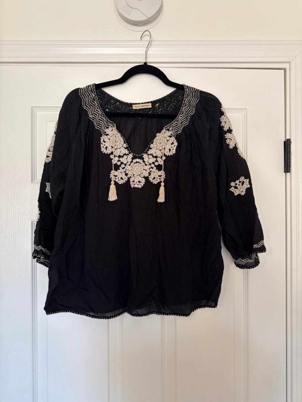 Ulla Johnson Black Embroidered Blouse Cream Tassels Size 8